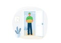 Delivery service vector illustration. Courier smile man stand near open door and hold package box. Home interior