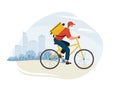 Delivery service vector illustration. Fast safe deliver by courier ride by bike to work or home, outdoor city landscape