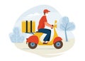 Delivery service vector illustration. Fast safe deliver by courier ride by motorbike to work or home, outdoor landscape