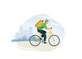 Delivery service vector illustration. Fast safe deliver by man ride by bike to work or home, outdoor city landscape