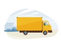 Delivery service vector illustration. Fast safe deliver by truck, van to work or home, outdoor city landscape, cityscape