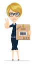 Delivery service woman with box shows sign of victory Royalty Free Stock Photo