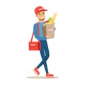 Delivery Service Worker Carrying Paper Bag With Supermarket Products, Smiling Courier Delivering Packages Illustration