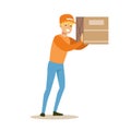 Delivery Service Worker Holding Big Box On The Shoulder, Smiling Courier Delivering Packages Illustration Royalty Free Stock Photo