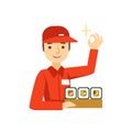 Delivery Service Worker In Red Uniform Holding A Portion Of Sushi Rolls From Japanese Restaurant Royalty Free Stock Photo