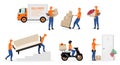 Delivery service workers flat vector illustrations set. Couriers, postman, deliveryman with order, parcel cartoon characters