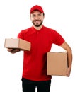 Delivery service - young smiling courier holding boxes on white