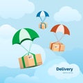 Delivery Services and Commerce. Packages flying on parachutes. Flat vector illustration elements on sky background Royalty Free Stock Photo