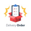 Delivery services, terms and conditions, clipboard and open box, shipment check list