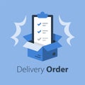 Delivery services, terms and conditions, clipboard and open box, shipment check list