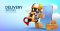 Delivery services vector concept design. Delivery services text with robot delivery rider character in phone and motorcycle. Royalty Free Stock Photo