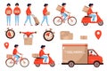 Set of service delivery. Delivery service concept by truck, drone, scooter and bicycle courier. Lot of parcels, deadline timer. Ve Royalty Free Stock Photo