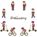 Delivery set. Service, courier package. Young postman on bike, character with pizza. Employee holding box. Postal vector