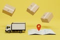 delivery of several parcels to the address. map with address, truck and parcels on a yellow background. 3D render