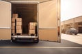 delivery shipping courier service van transportation vehicle in logistic distribution center warehouse open door cardboard carton Royalty Free Stock Photo