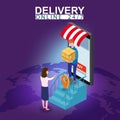 Delivery on Smartphone with online store, courier man delivers box parsel to the buyer woman isometry. Internet Shopping