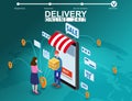 Delivery on Smartphone with online store, courier man delivers box parsel to the buyer woman isometry. Internet Shopping