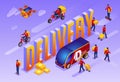 Delivery special vehicles and couriers and isometric word Delivery isometric icon on isolated background