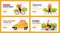 Delivery and take away service website banners set cartoon vector illustration. Royalty Free Stock Photo