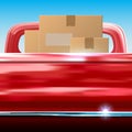 Delivery template. Car delivery. Cardboard boxes in the back of a red pickup truck. Space for text pickup tailgate. Copy space