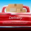 Delivery template. Car delivery. Cardboard boxes in the back of a red pickup truck. Space for text pickup tailgate. Copy space