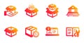 Delivery timer, Open box and Packing boxes icons set. Online documentation, Court building and Hold box signs. Vector