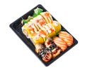 Delivery tray of sushi food isolated on white background Royalty Free Stock Photo