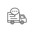 Delivery truck with balloon chat icon. shipment loading item illustration. simple outline vector symbol design.