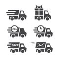 Delivery truck black vector icon set. Truck or lorry, cargo and shipping icons. Royalty Free Stock Photo