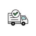 Delivery truck check icon. done checking, success shipment item illustration. simple outline vector symbol design.