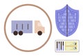 Secure Transport Concept Featuring Delivery Truck, Shield with Binary Code, and Data Analytics Representation Royalty Free Stock Photo