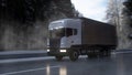Delivery truck driving in snow on a forest road to a city. 3d rendering Royalty Free Stock Photo