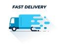 Delivery truck flat illustration. Creative vector illustration of a fast moving freight car. Small truck icon. Represents concept