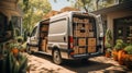 Delivery truck full of home stuff inside, Moving to new house, Family relocated to new home, Boxes with goods Royalty Free Stock Photo