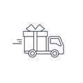 Delivery truck with gift box. Free Delivery concept, stroke flat style illustration isolated on white background Royalty Free Stock Photo