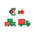 Delivery logistics services icons set, move boxes, loading truck, time