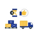 Delivery logistics services icons set, move boxes, loading truck, time