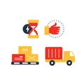 Delivery logistics services icons set, move boxes, loading truck, time