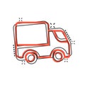 Delivery truck icon in comic style. Van cartoon vector illustration on white isolated background. Cargo car splash effect business Royalty Free Stock Photo