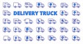 Delivery Truck icons in line design blue. Logistics, shipping, fast, cargo, ship, van isolated on white background