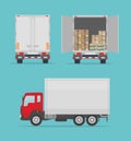 Delivery truck isolated on blue background. Side and back view. Transport services, logistics and freight of goods.