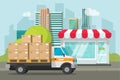 Delivery truck loaded with parcel boxes near store vector illustration, concept of shipping packages from shop building