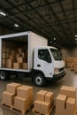 Delivery Truck Loading Cardboard Boxes in a Warehouse Pallets of Cardboard Boxes Ready for Loading and Transportation Royalty Free Stock Photo