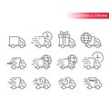 Delivery truck or lorry line vector icon set. Fast delivery, speed marks, clock and international shipping symbols