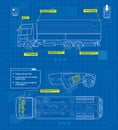 Delivery truck in outline style schematic blueprints Vehicle side top dashboard view Industrial image on a blue background Vector Royalty Free Stock Photo