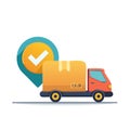 Delivery truck with a package and location marker with checkmark for successful delivery Royalty Free Stock Photo