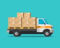 Delivery truck with parcel cargo boxes vector illustration, flat cartoon freight van or lorry automobile with packages Royalty Free Stock Photo