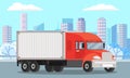 Delivery truck rides on road near buildings. Wagon with trailer for transporting goods worldwide Royalty Free Stock Photo