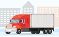 Delivery truck rides on road near buildings. Wagon with trailer for transporting goods worldwide Royalty Free Stock Photo