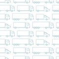 Delivery truck seamless pattern background. Cargo transportation cars. Shipping company. Outline contour blue line